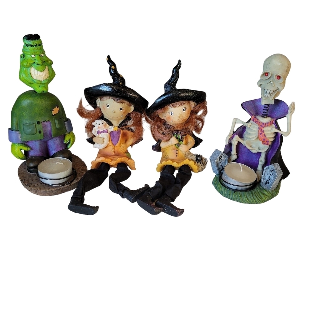 Halloween Shelf Sitters Candle Holders Witch, Frankenstein, Skeleton Set of 4